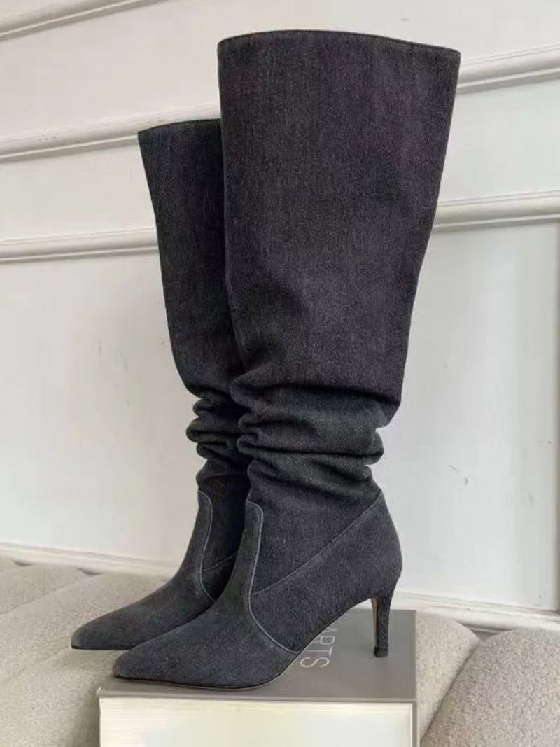 Botas Femininas Chiques Com Salto Agulha Até O Joelho - Preto