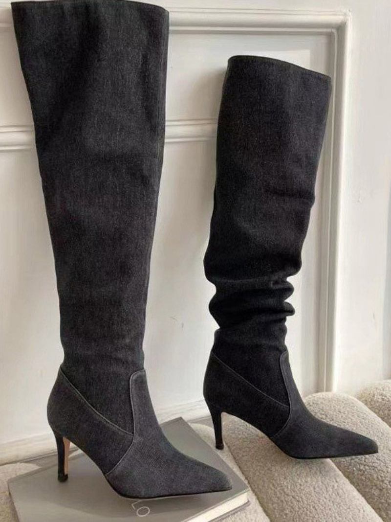 Botas Femininas Chiques Com Salto Agulha Até O Joelho - Preto