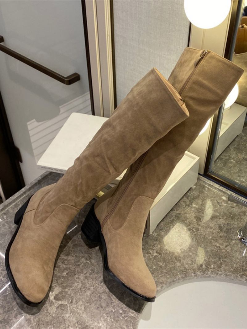 Botas Femininas Chiques Com Salto Grosso E Cano Alto - Amarelo Claro