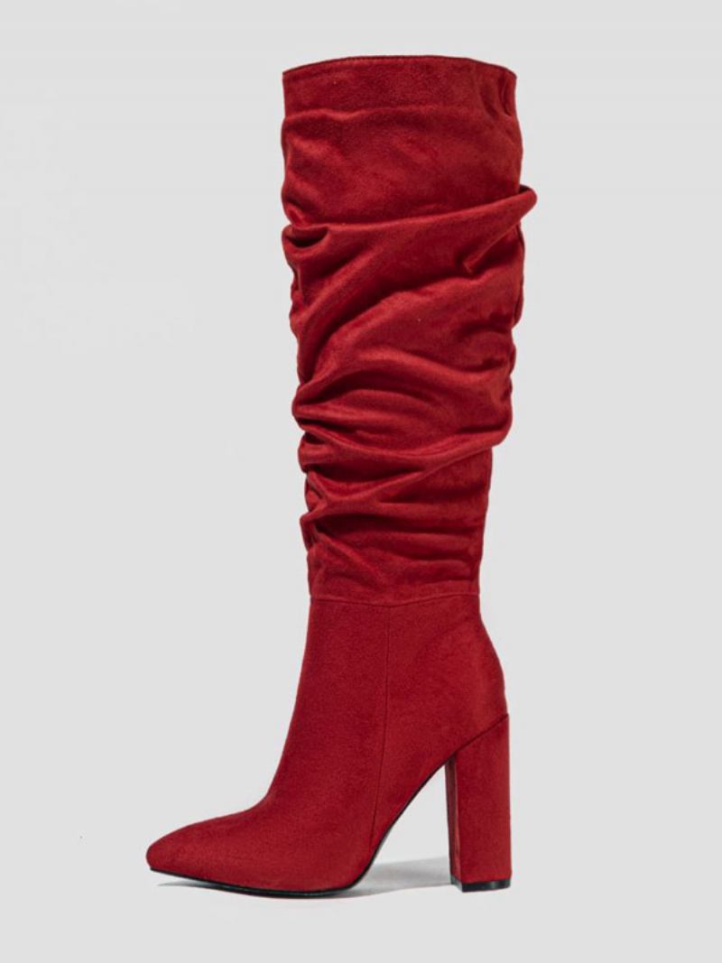 Botas Femininas Chiques Com Salto Grosso E Joelho - Vermelho