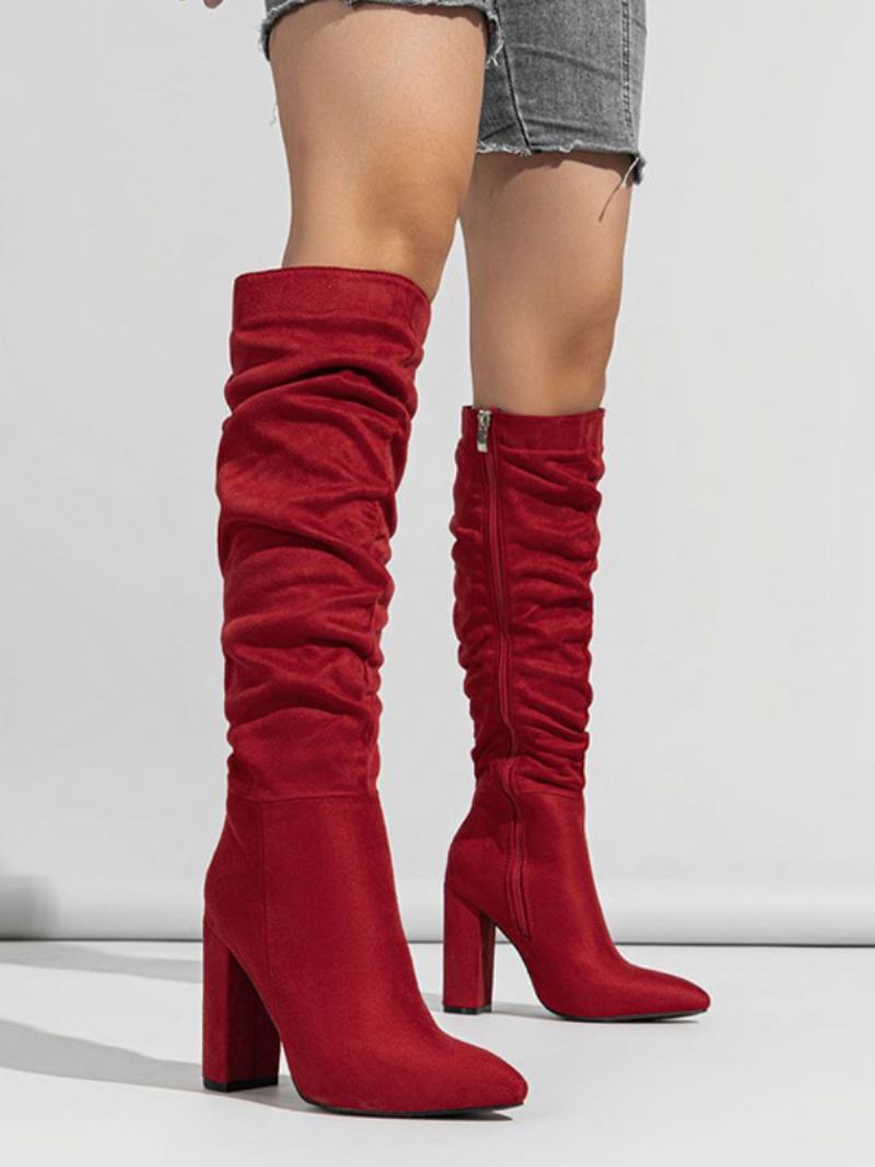 Botas Femininas Chiques Com Salto Grosso E Joelho - Vermelho