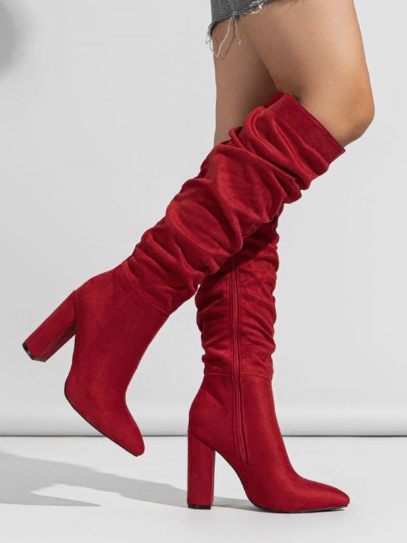 Botas Femininas Chiques Com Salto Grosso E Joelho - Vermelho