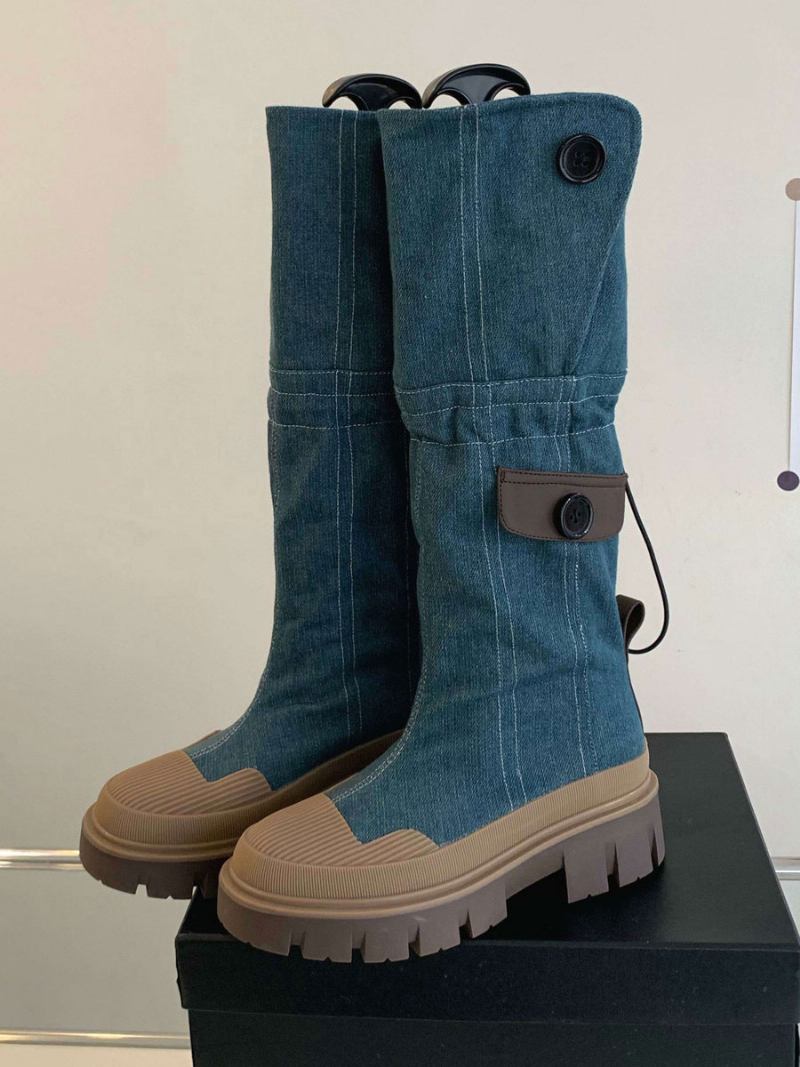 Botas Femininas Chiques Com Salto Grosso E Joelho - Azul