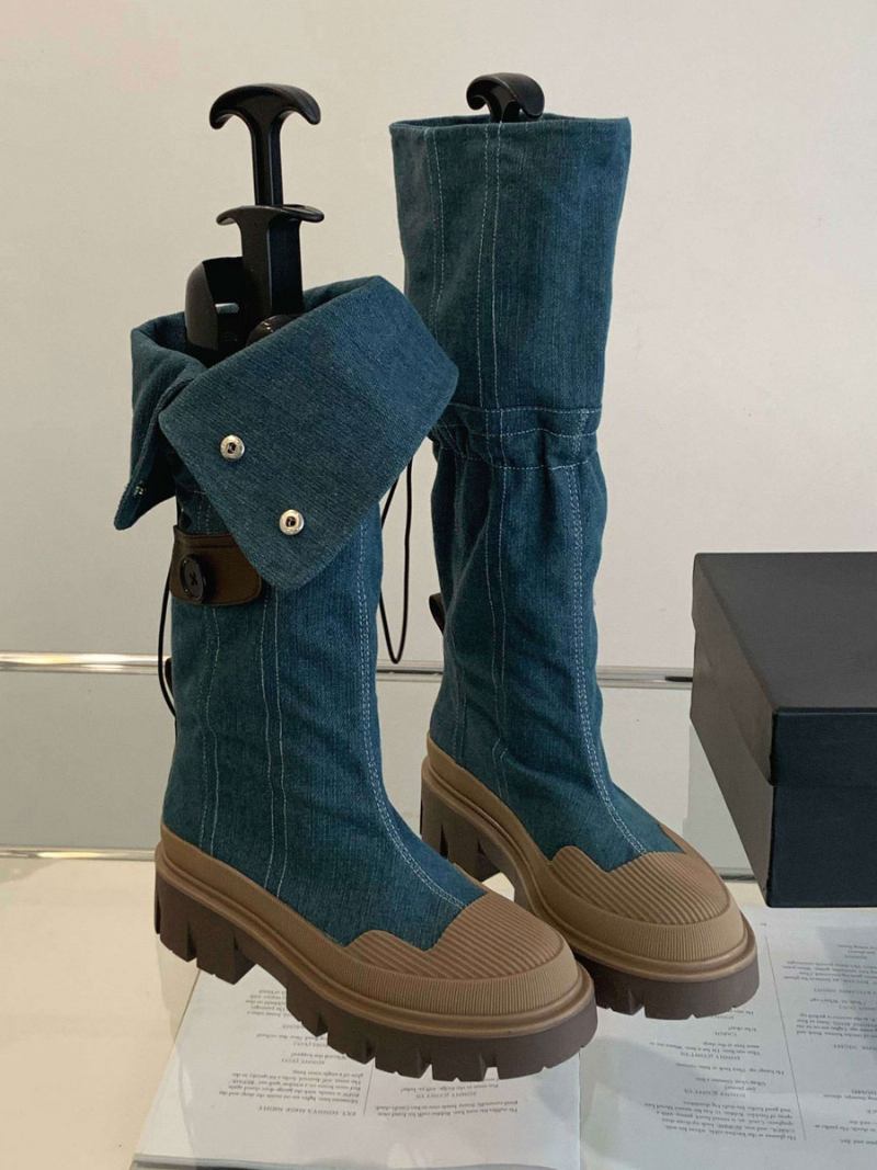 Botas Femininas Chiques Com Salto Grosso E Joelho - Azul