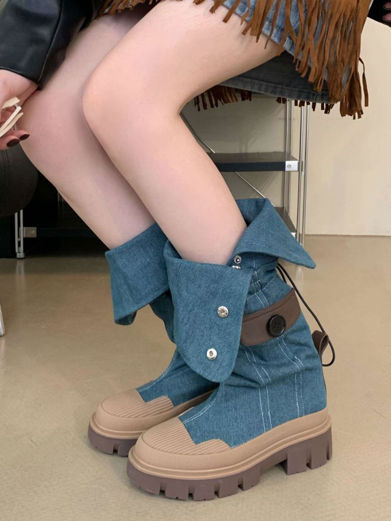 Botas Femininas Chiques Com Salto Grosso E Joelho - Azul