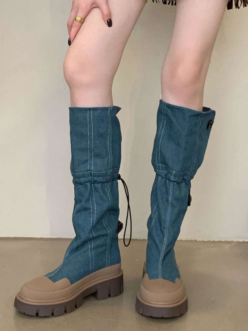 Botas Femininas Chiques Com Salto Grosso E Joelho - Azul