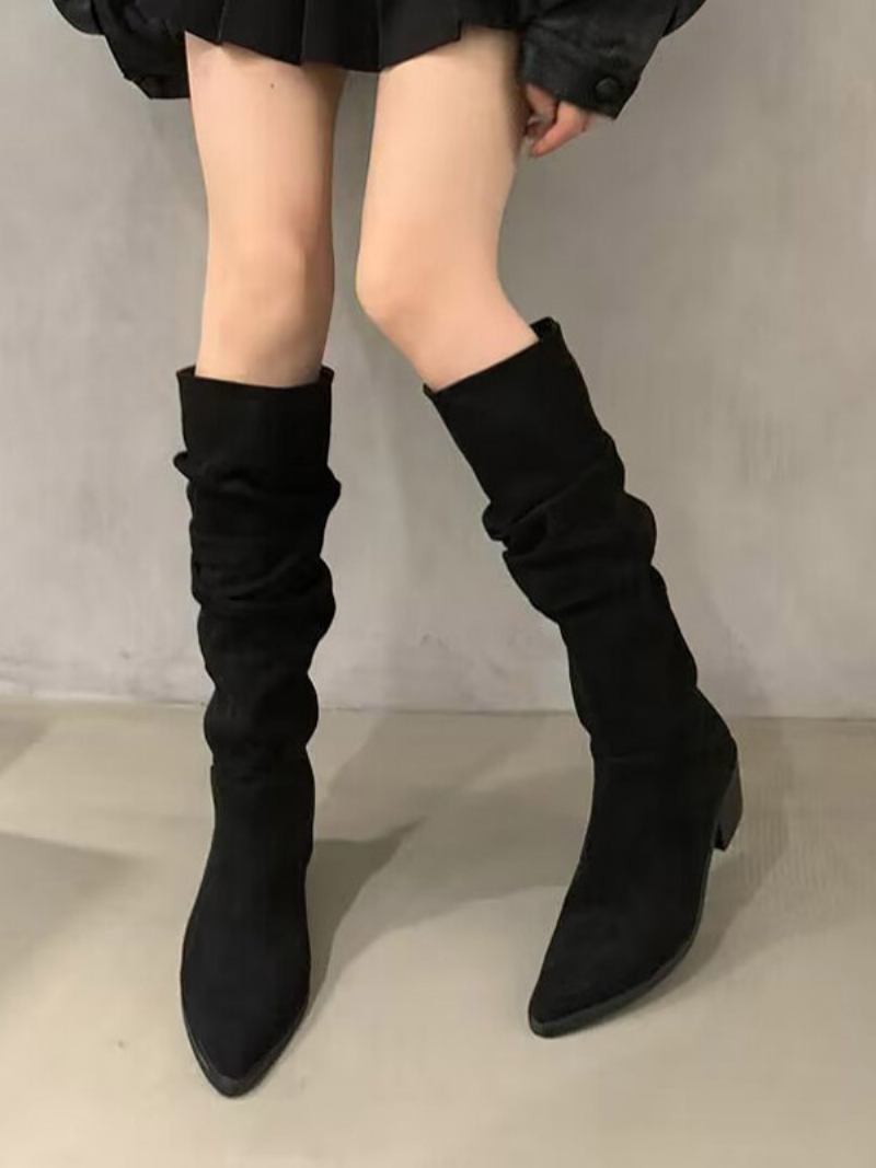 Botas Femininas Chiques Com Salto Grosso E Joelho