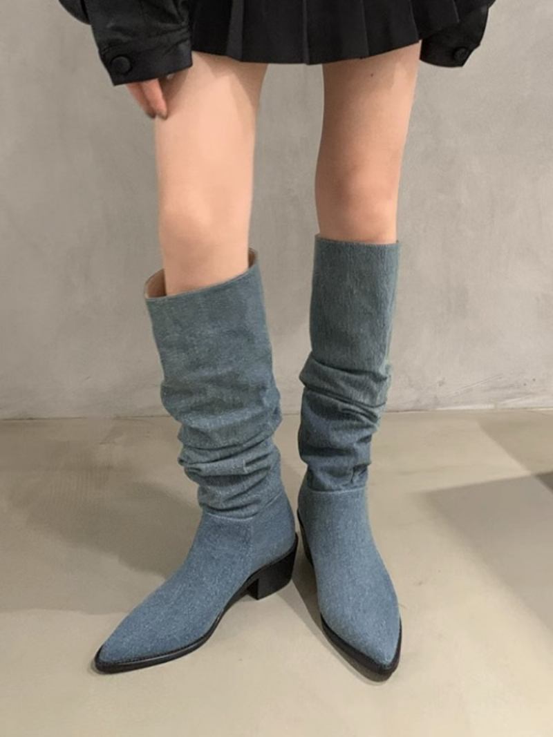 Botas Femininas Chiques Com Salto Grosso E Joelho - Azul-Petróleo