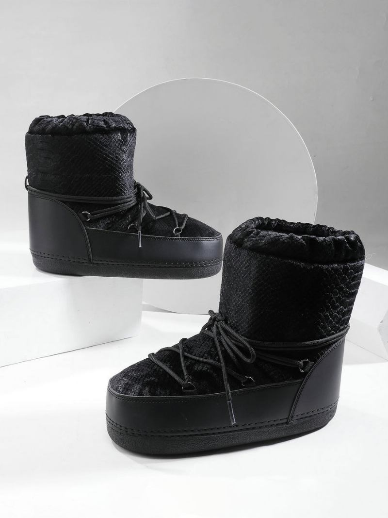 Botas Femininas Cinza Para Neve Com Bico Redondo E Cadarço - Preto