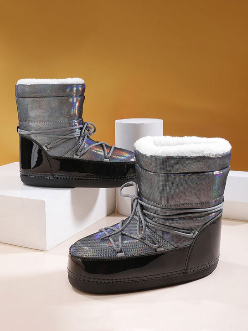 Botas Femininas Cinza Para Neve Com Bico Redondo E Cadarço - Prata