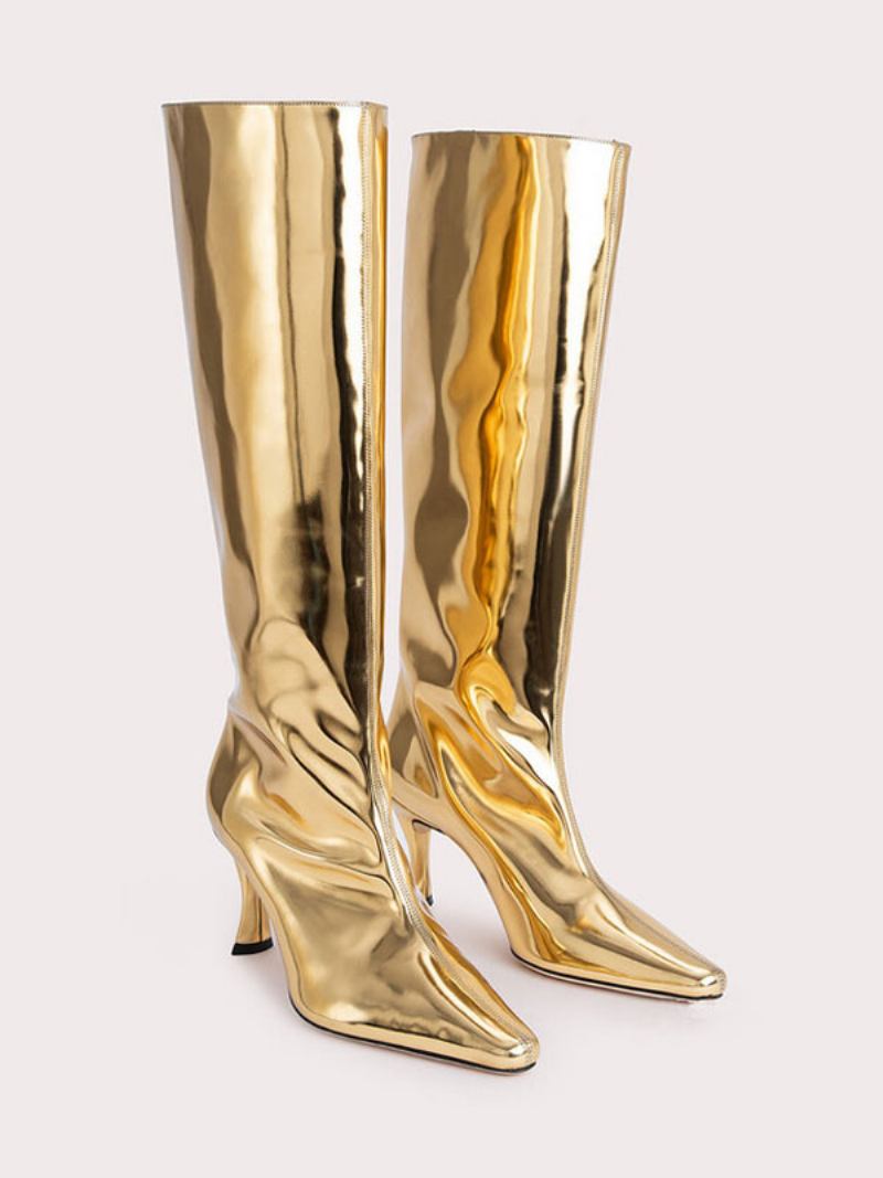 Botas Femininas Com Bico Fino Dourado E Salto Agulha Largo Na Panturrilha - Ouro