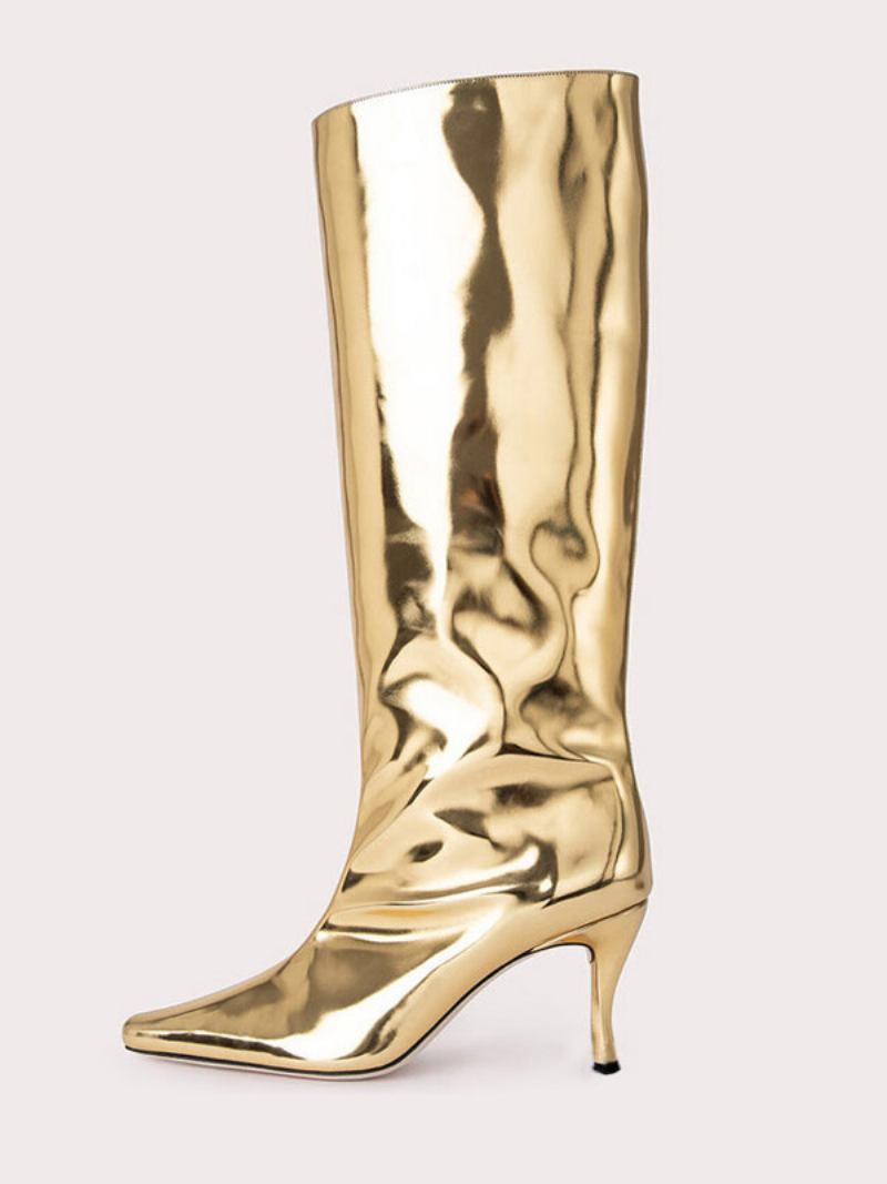 Botas Femininas Com Bico Fino Dourado E Salto Agulha Largo Na Panturrilha - Ouro