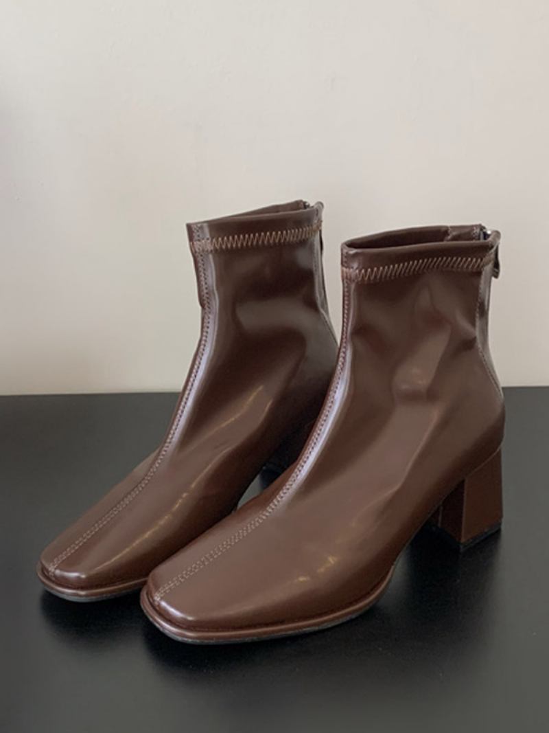 Botas Femininas Com Bico Quadrado E Salto Grosso - Castanho Profundo