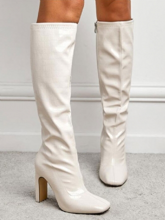 Botas Femininas Com Bico Quadrado E Salto Grosso Em Couro Pu Branco