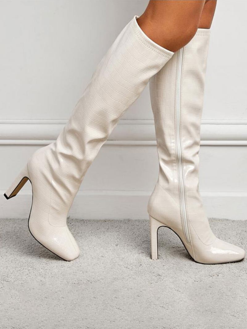 Botas Femininas Com Bico Quadrado E Salto Grosso Em Couro Pu Branco - Branco