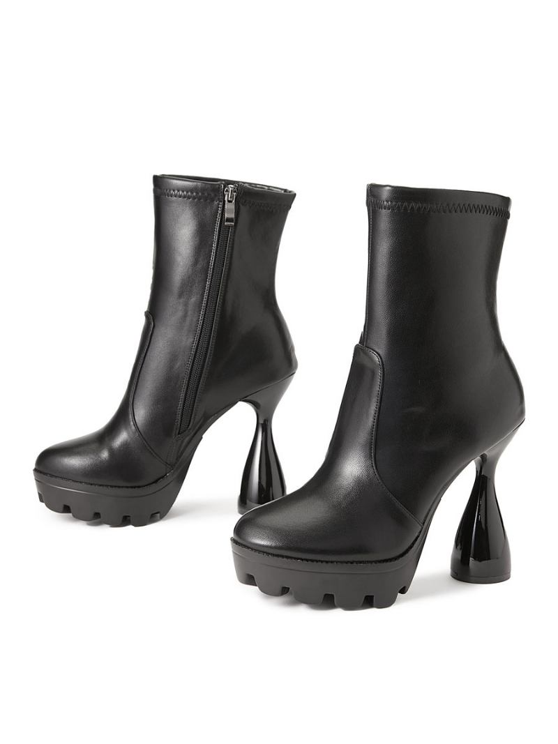 Botas Femininas Com Bico Redondo E Salto Cálice Em Couro Pu Preto - Preto