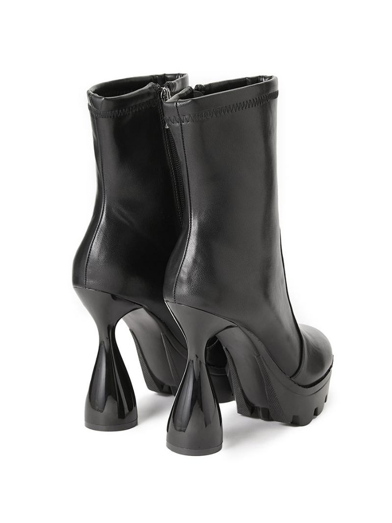 Botas Femininas Com Bico Redondo E Salto Cálice Em Couro Pu Preto - Preto