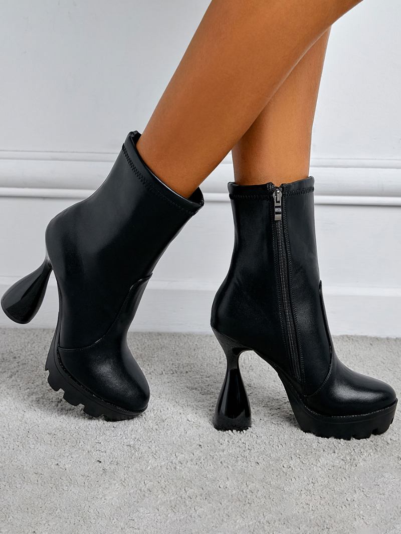 Botas Femininas Com Bico Redondo E Salto Cálice Em Couro Pu Preto - Preto