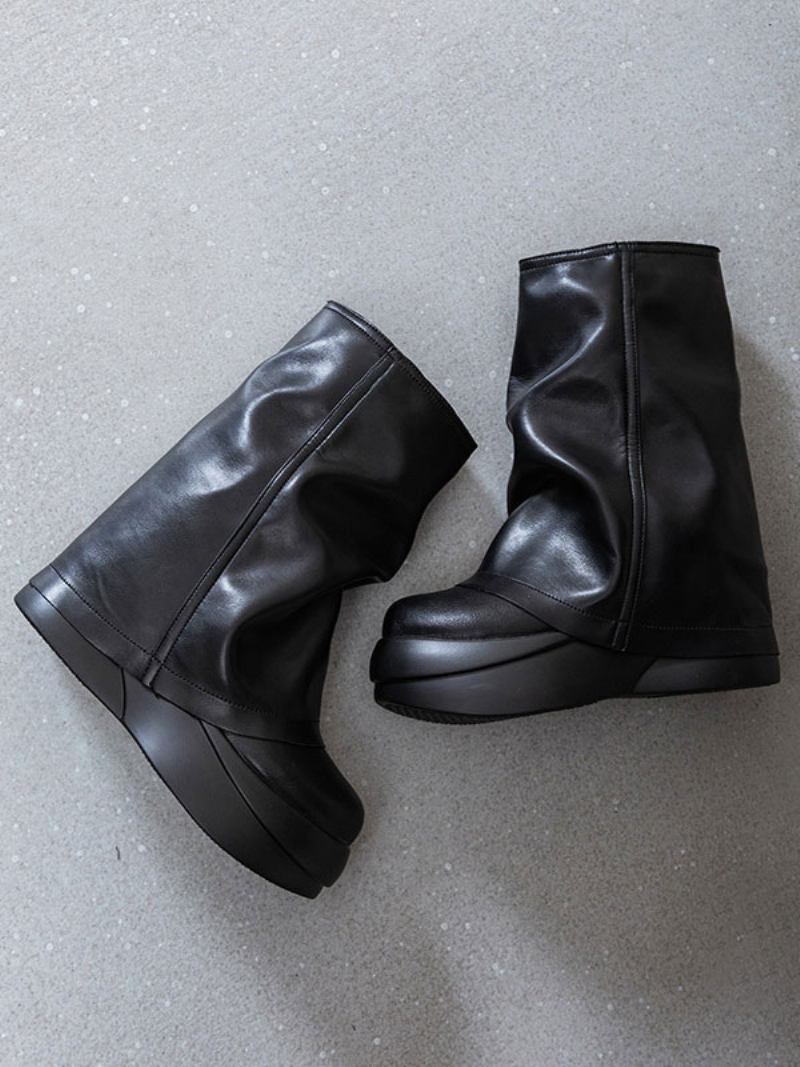 Botas Femininas Com Bico Redondo E Salto Em Cunha - Preto