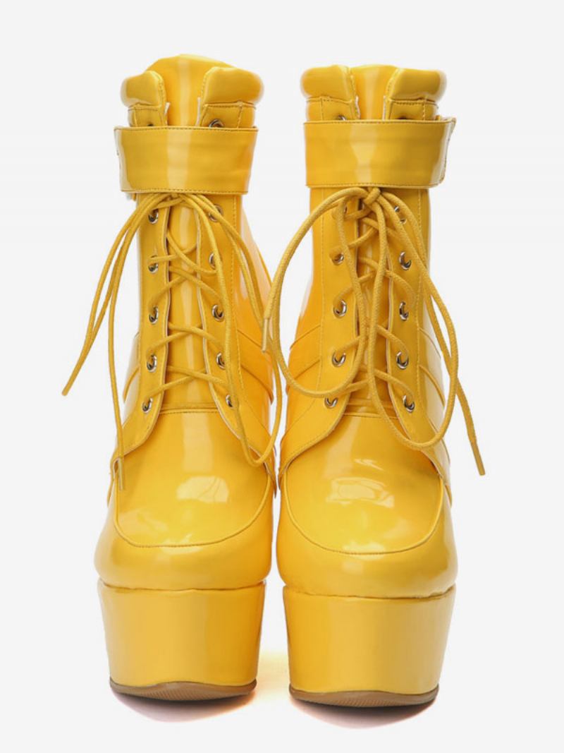 Botas Femininas Com Bico Redondo E Salto Em Cunha - Amarelo