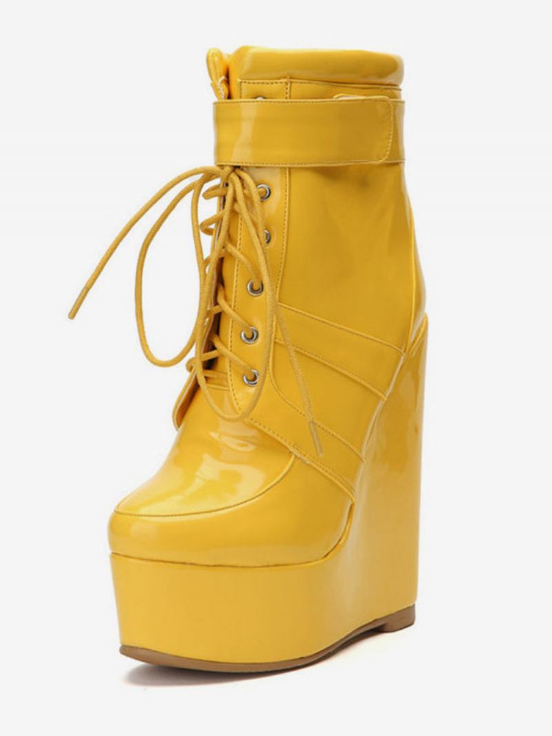 Botas Femininas Com Bico Redondo E Salto Em Cunha - Amarelo