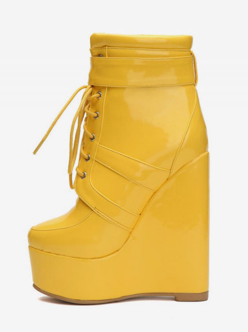 Botas Femininas Com Bico Redondo E Salto Em Cunha - Amarelo