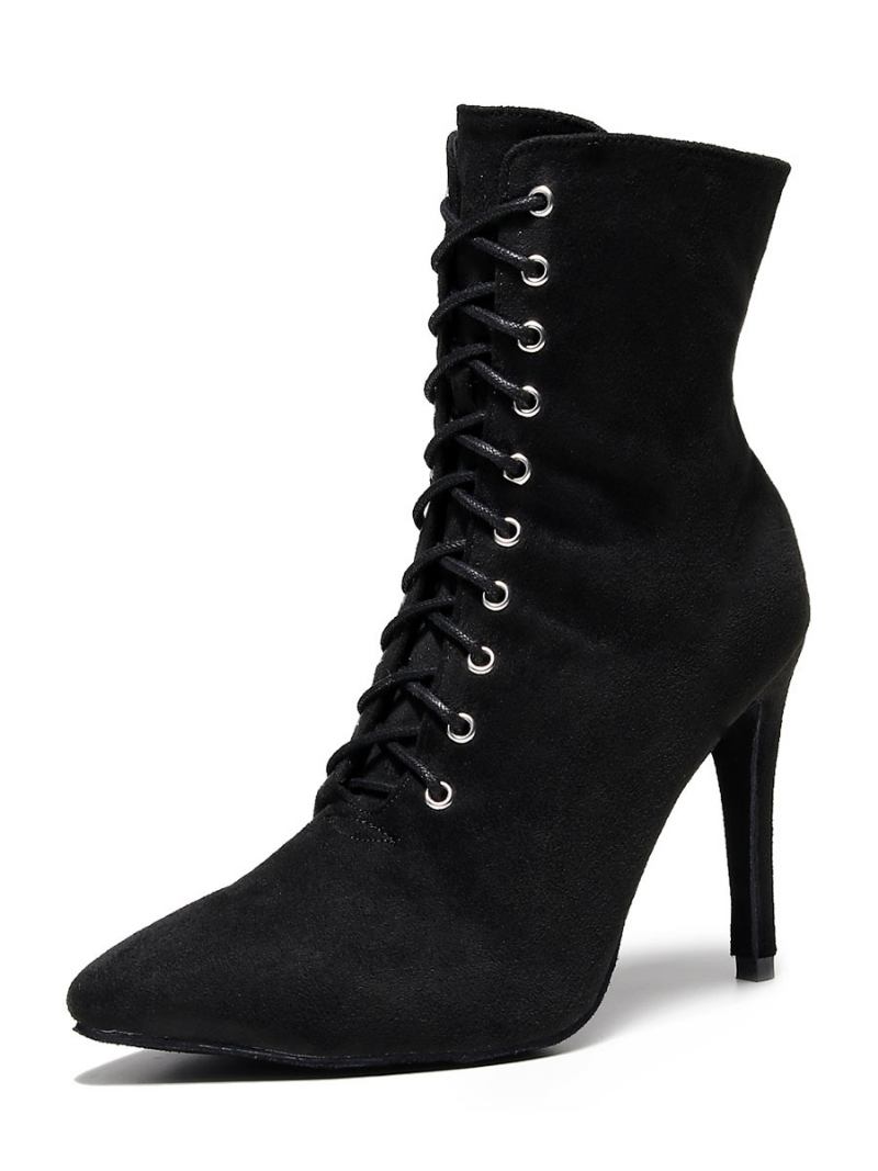 Botas Femininas Com Cadarço E Bico Fino Salto Agulha - Preto