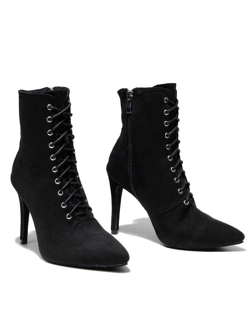 Botas Femininas Com Cadarço E Bico Fino Salto Agulha - Preto