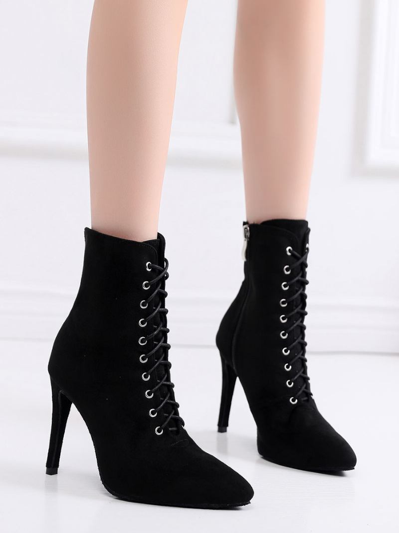 Botas Femininas Com Cadarço E Bico Fino Salto Agulha - Preto