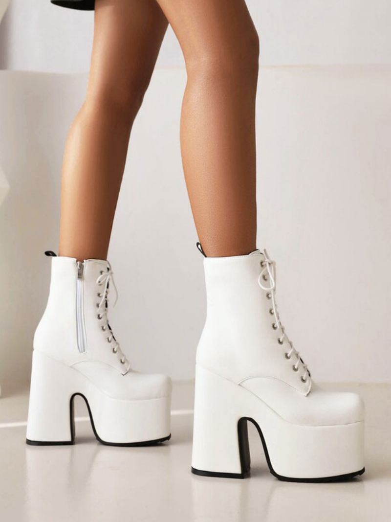 Botas Femininas Com Cadarço E Salto Redondo Grosso - Branco