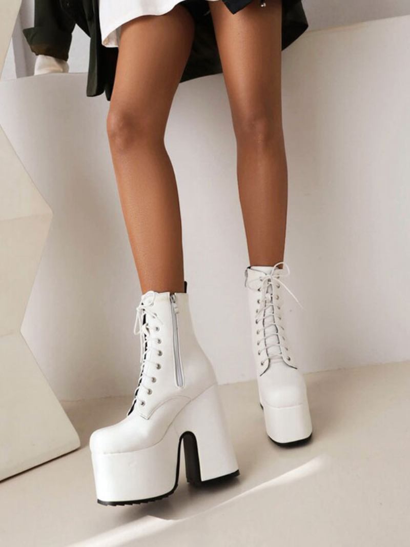 Botas Femininas Com Cadarço E Salto Redondo Grosso - Branco