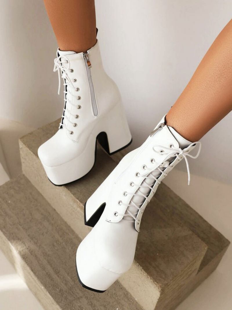 Botas Femininas Com Cadarço E Salto Redondo Grosso - Branco