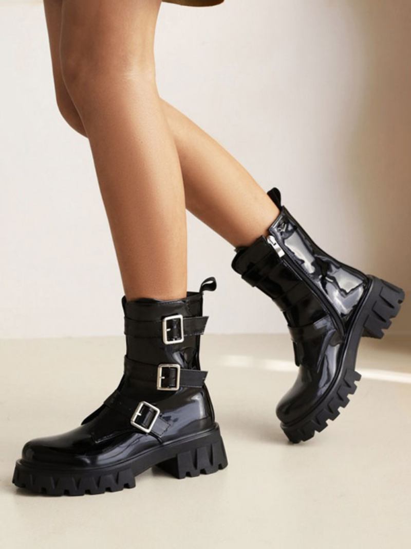 Botas Femininas Com Detalhes Metal Patenteado Em Pu Bico Redondo E Salto Grosso