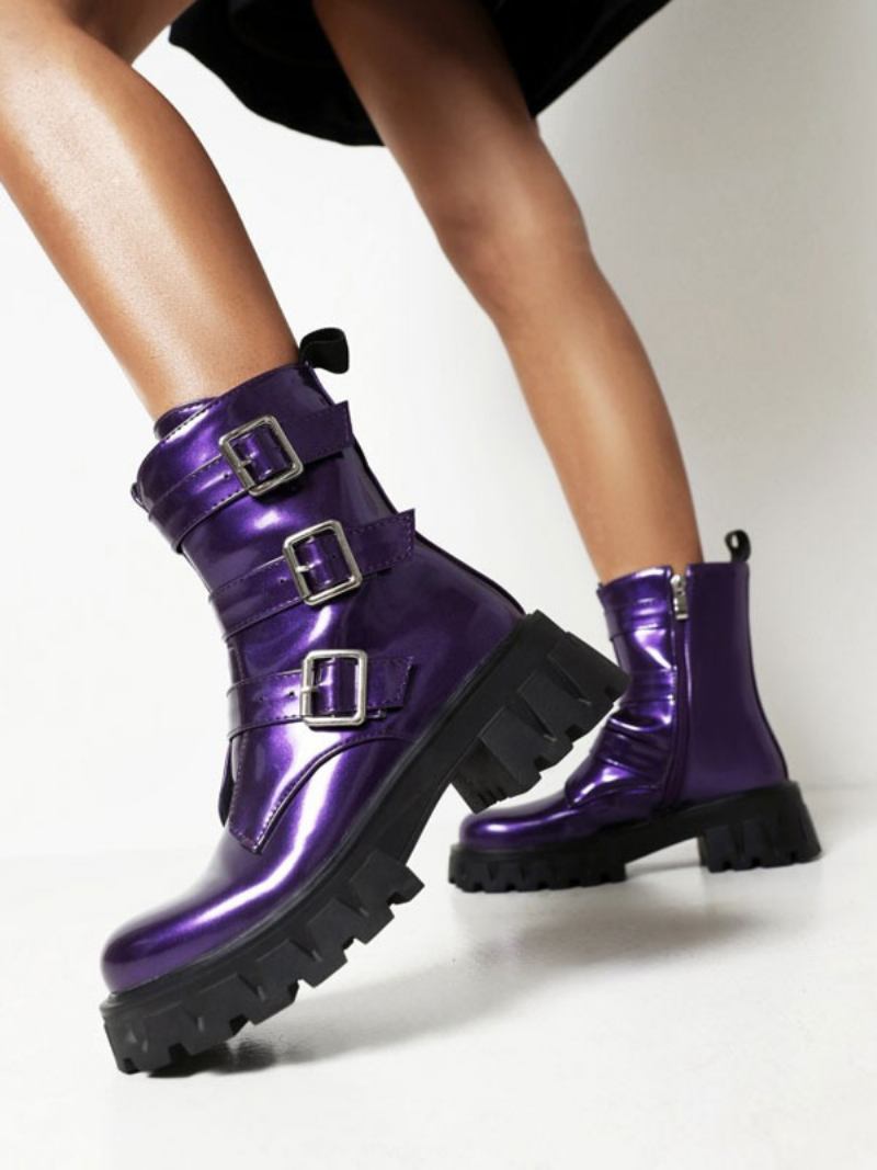 Botas Femininas Com Detalhes Metal Patenteado Em Pu Bico Redondo E Salto Grosso - Roxo