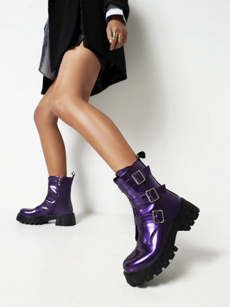 Botas Femininas Com Detalhes Metal Patenteado Em Pu Bico Redondo E Salto Grosso - Roxo