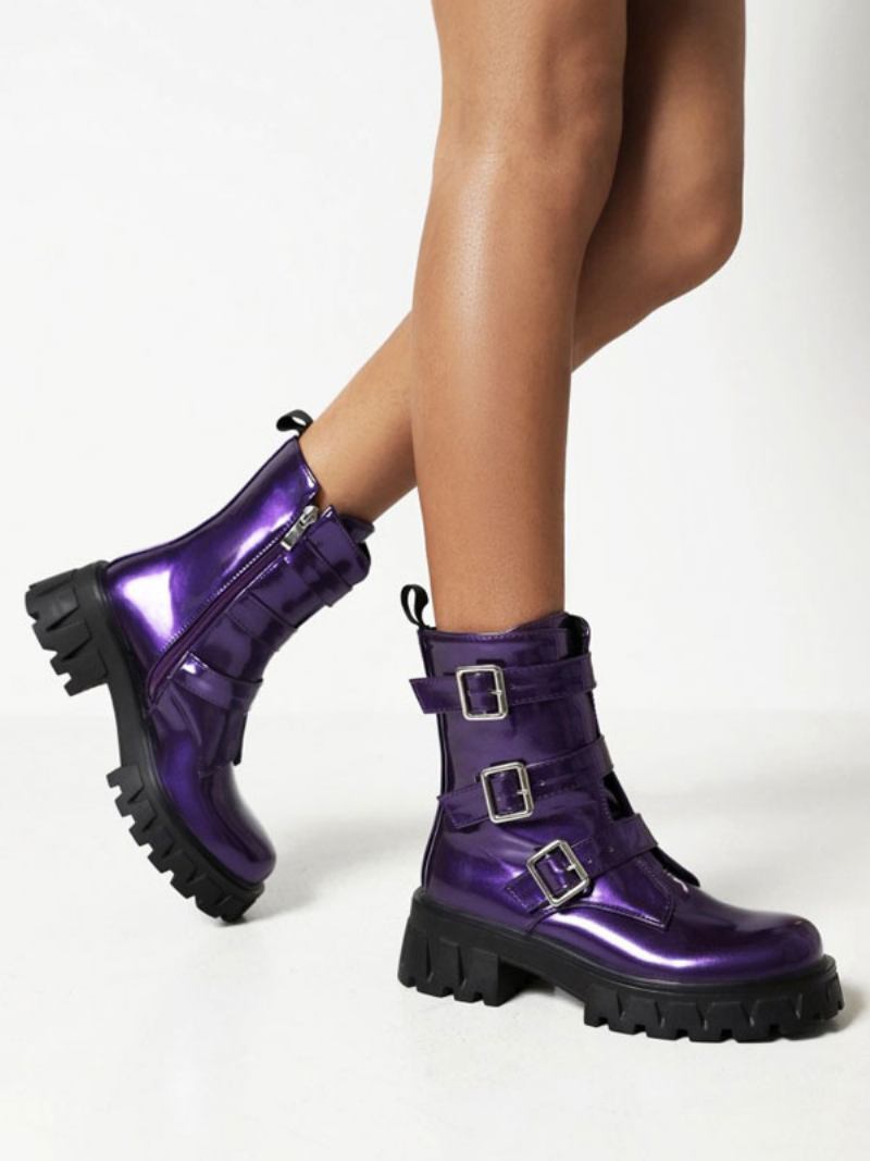 Botas Femininas Com Detalhes Metal Patenteado Em Pu Bico Redondo E Salto Grosso - Roxo