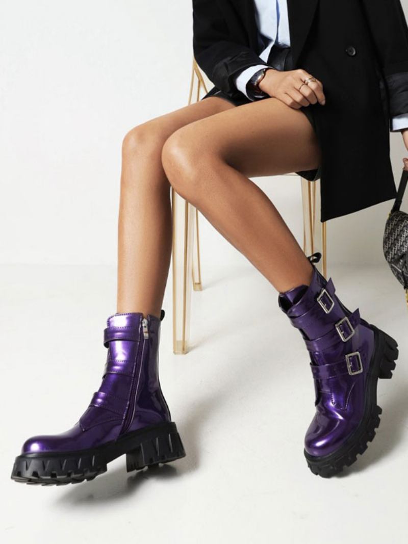 Botas Femininas Com Detalhes Metal Patenteado Em Pu Bico Redondo E Salto Grosso - Roxo