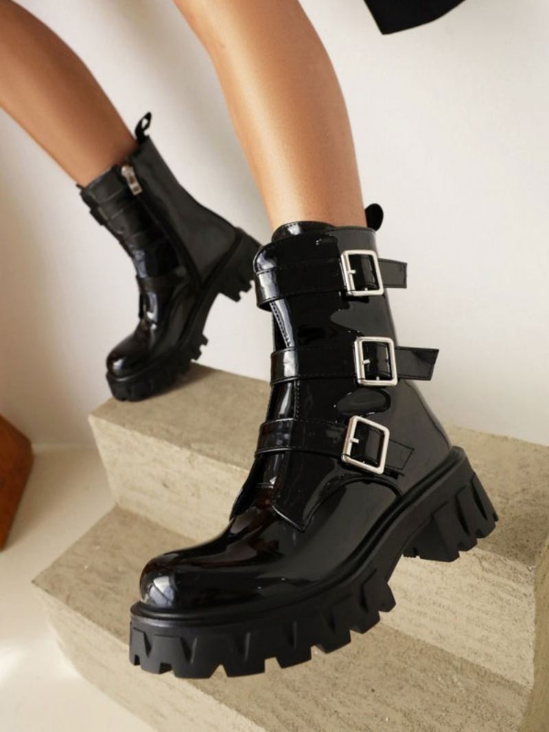 Botas Femininas Com Detalhes Metal Patenteado Em Pu Bico Redondo E Salto Grosso - Preto