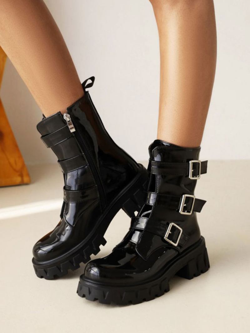 Botas Femininas Com Detalhes Metal Patenteado Em Pu Bico Redondo E Salto Grosso - Preto