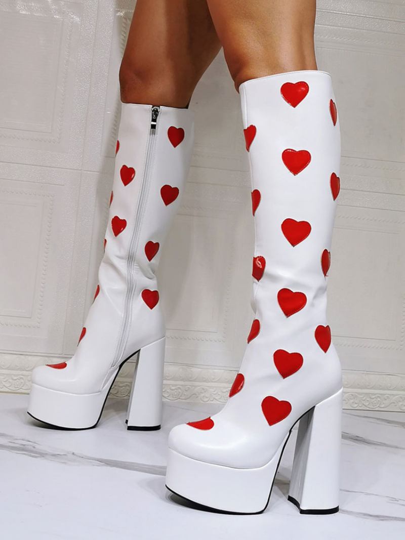 Botas Femininas Com Estampa Calor Plus Tamanho Plataforma Bico Redondo Salto Grosso Brancas Até O Joelho - Branco