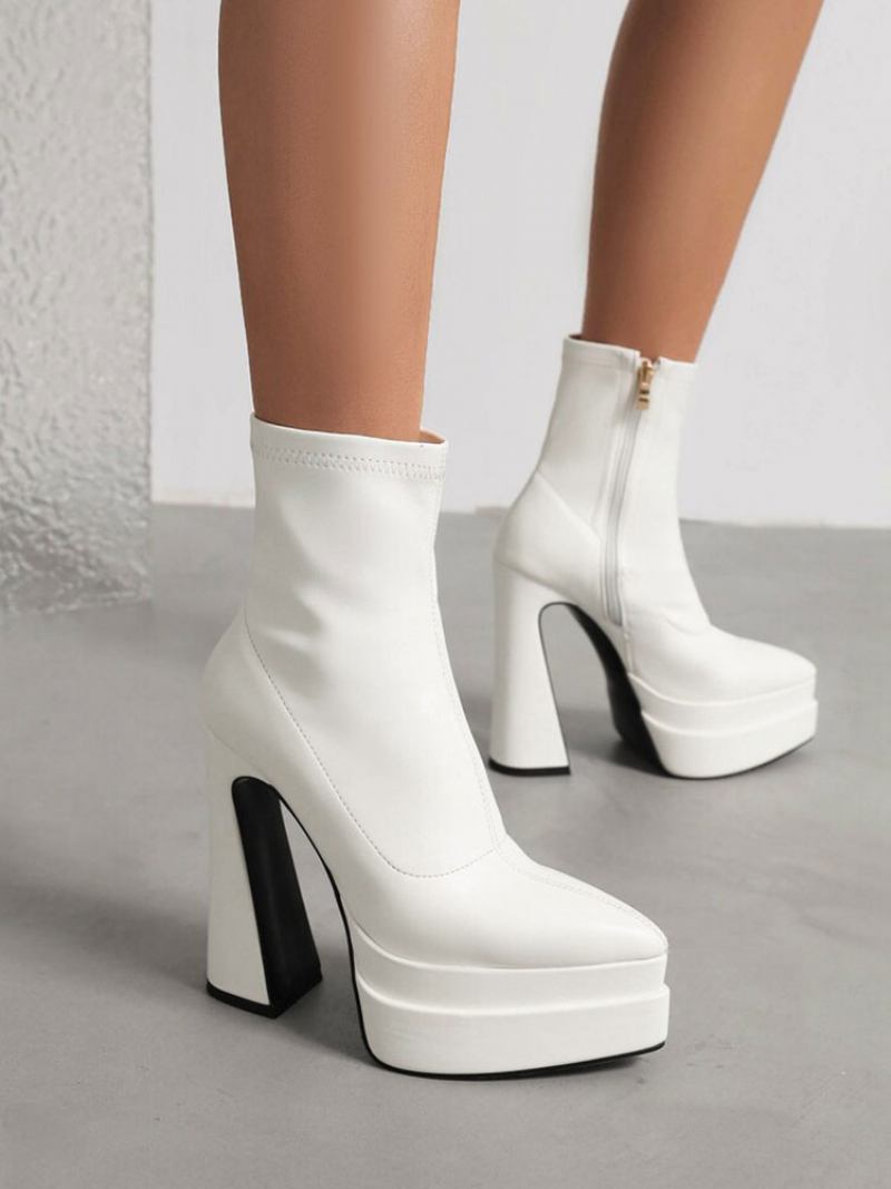 Botas Femininas Com Plataforma Couro Pu Bico Fino E Salto Grosso