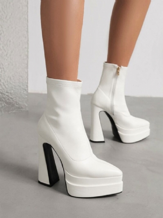 Botas Femininas Com Plataforma Couro Pu Bico Fino E Salto Grosso