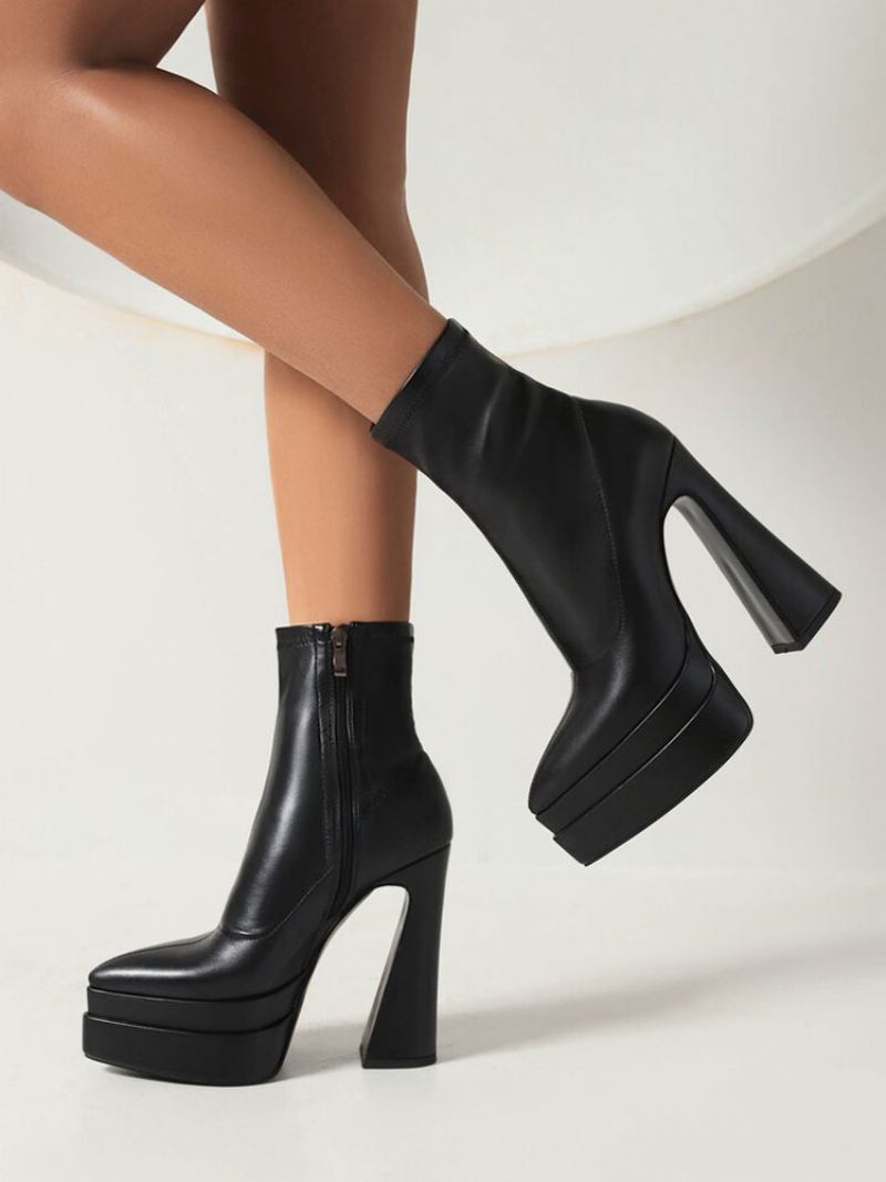 Botas Femininas Com Plataforma Couro Pu Bico Fino E Salto Grosso - Preto