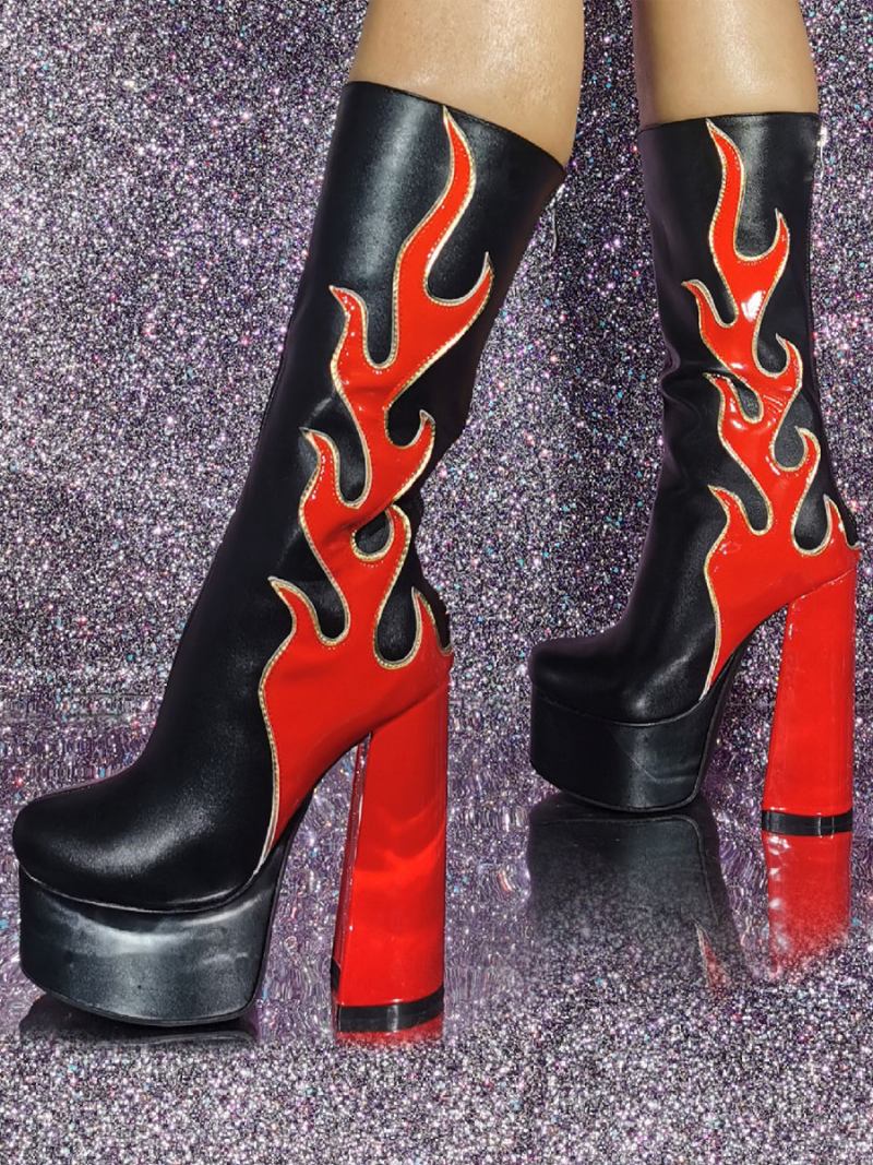 Botas Femininas Com Plataforma Estampada Meia Panturrilha - Ture Vermelho