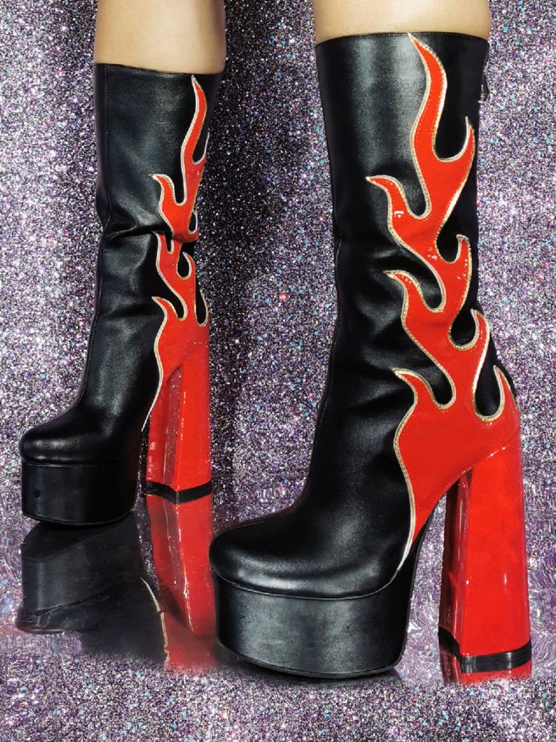 Botas Femininas Com Plataforma Estampada Meia Panturrilha - Ture Vermelho