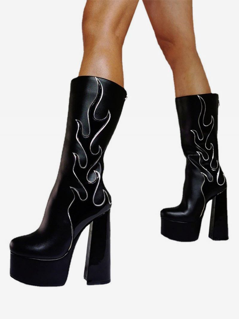 Botas Femininas Com Plataforma Estampada Meia Panturrilha - Preto