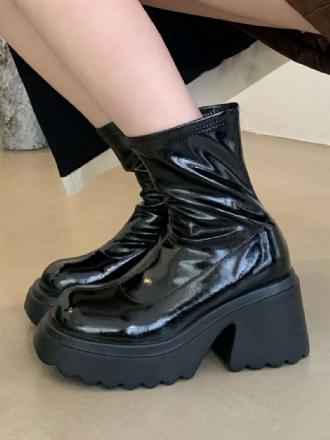 Botas Femininas Com Plataforma Salto Grosso E Bico Redondo