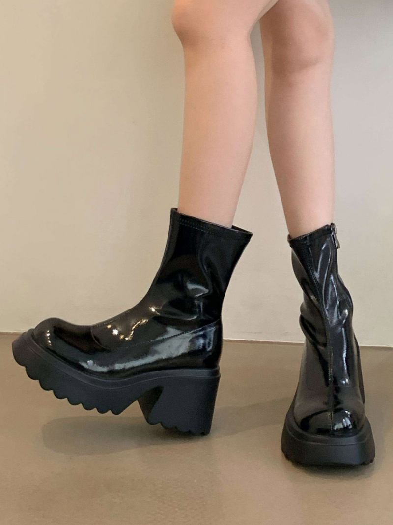 Botas Femininas Com Plataforma Salto Grosso E Bico Redondo - Preto