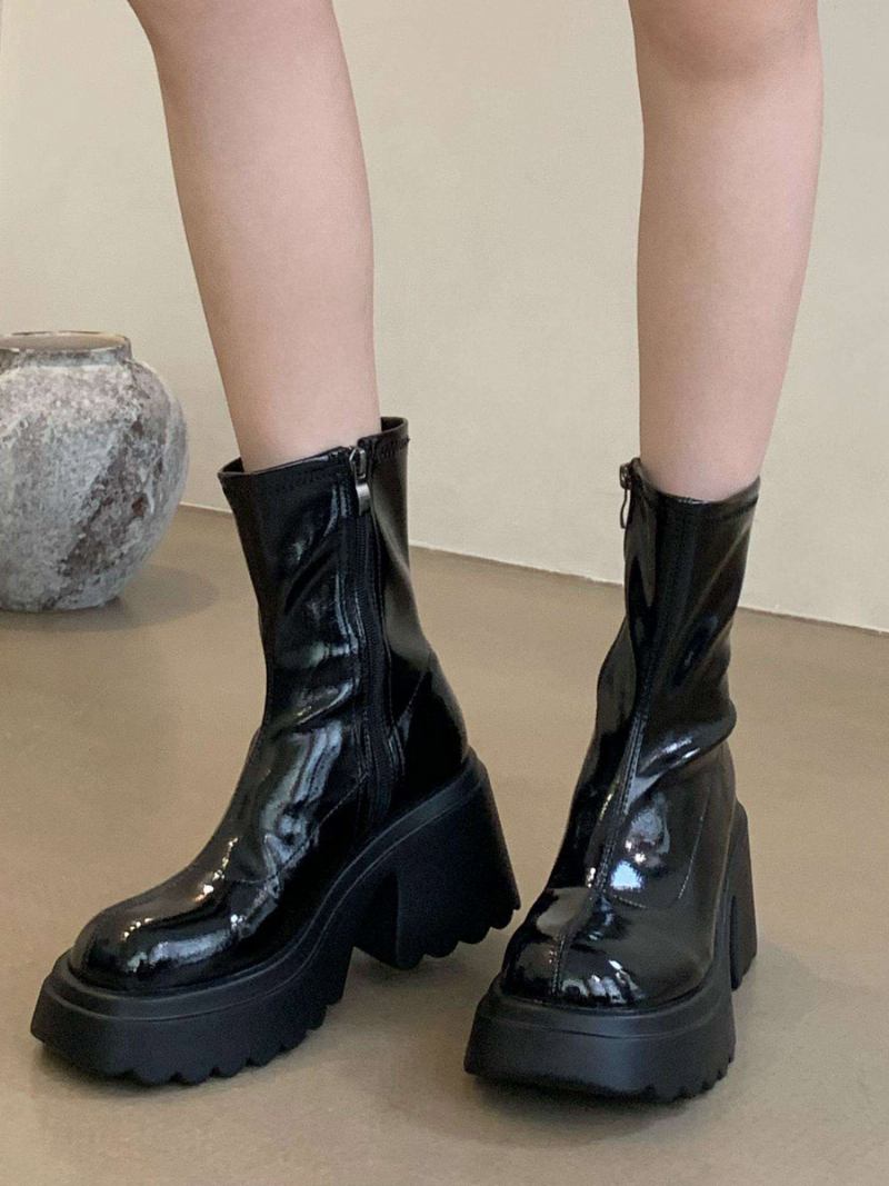 Botas Femininas Com Plataforma Salto Grosso E Bico Redondo - Preto