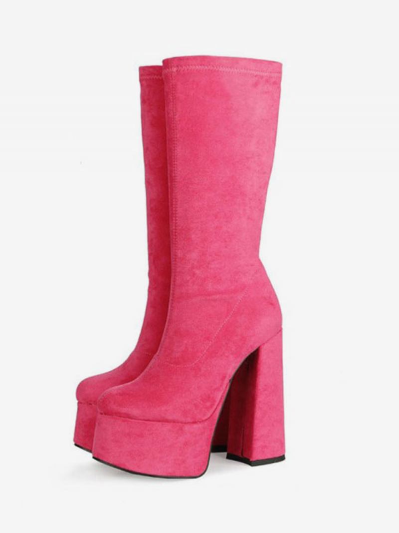 Botas Femininas Com Plataforma Salto Grosso E Meia Panturrilha - Rosa